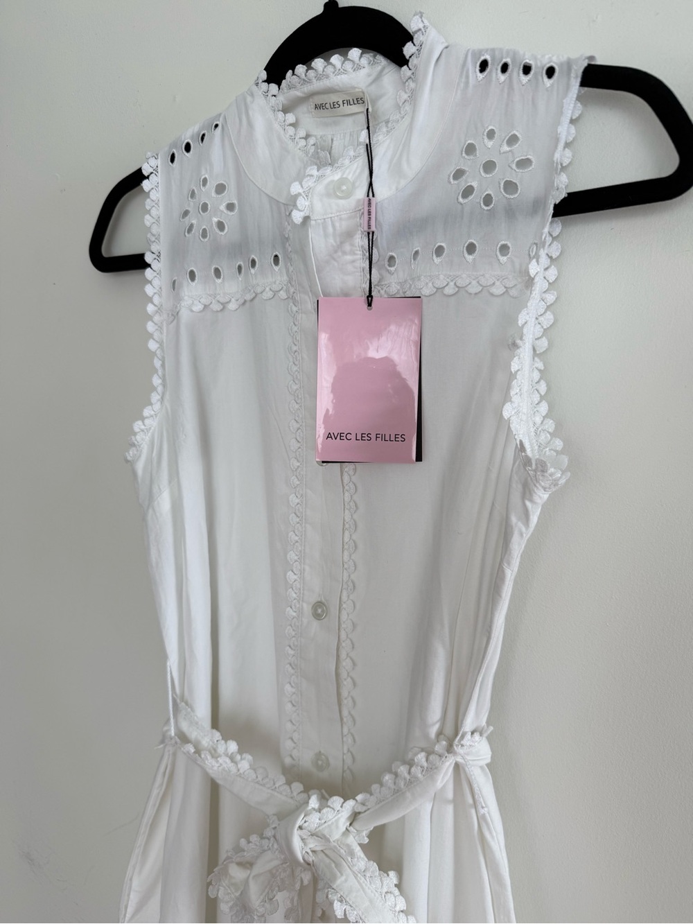 Avec Les Filles White Eyelet Lace-Trim Button Down Dress